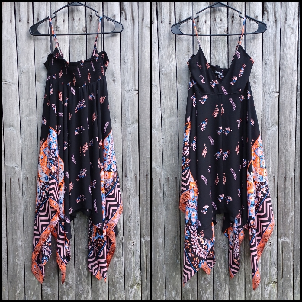 Express black blue neon orange floral fluttery fairy whimsy goth dress womens XS